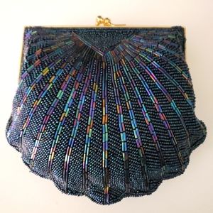 Vintage Navy Blue Beaded Shell Evening Bag